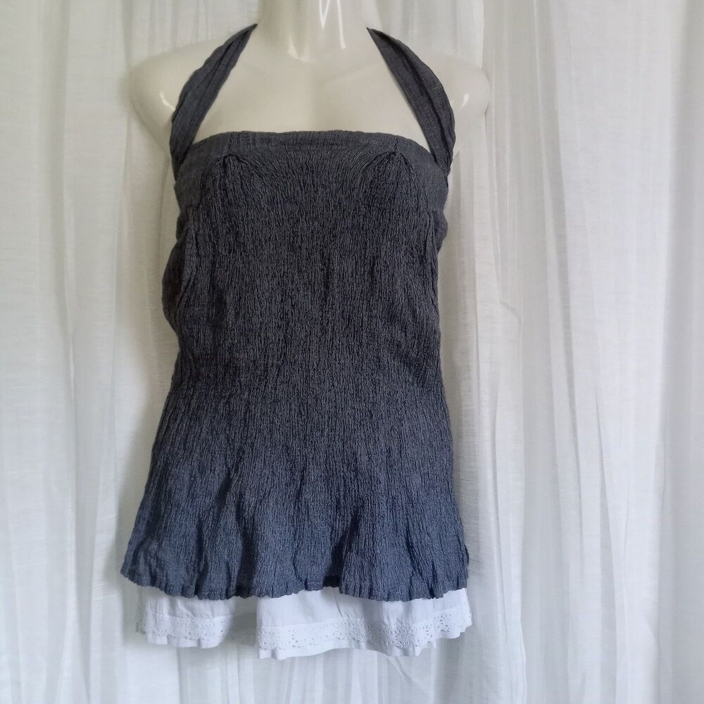 Josephine & Co Blue Crinkle Cotton Convertible Halter Top SZ S Strapless Lined